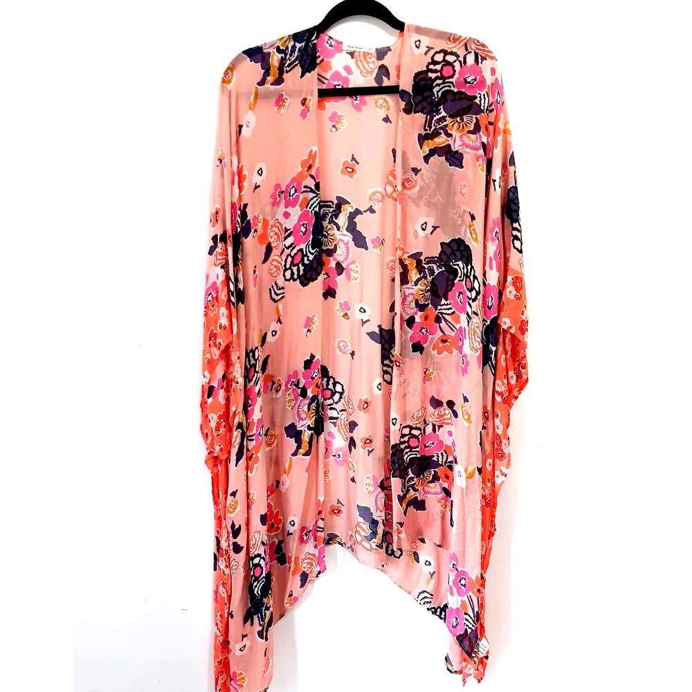 Moss Rose Women's Peach Floral Kimono OS Boho Wrap Cover-Up Lightweight